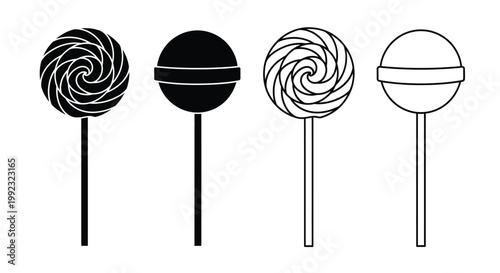 Four stylized lollipops in varying designs a black and white silhouette