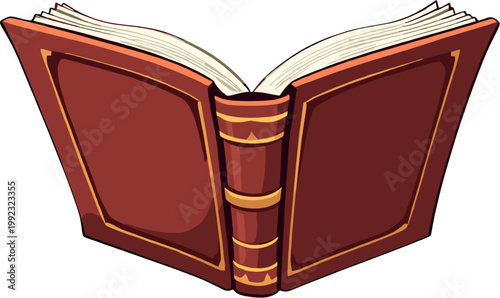 Open book with brown cover, simple literature illustration isolated on white background, education reading concept design