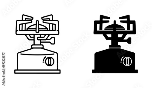 Portable Camping Gas Stove Line and Silhouette Icon Set