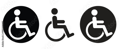 Wheelchair icon set featuring handicapped accessibility symbols, mobility impairment indicators, disability support elements,