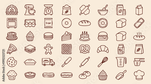 Baking and Bakery Food Line Icons Set with Desserts and Kitchen Tools