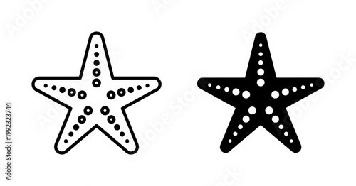 Starfish icons, sea star vector graphics, black and white illustrations, ocean symbols