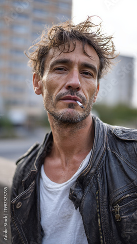 Middle aged man smoking while standing in urban street