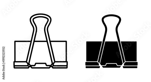 Binder clips, office supplies, black and white icons, paper clips, vector graphics