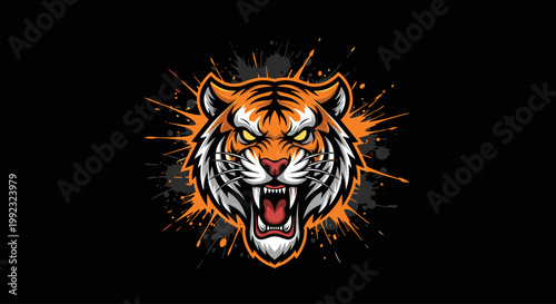 Tiger Face with Open Mouth Roaring.