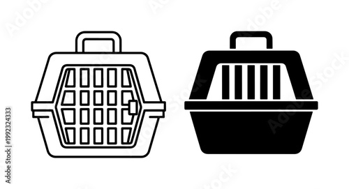 Pet carrier icons, black and white, pet travel, animal transportation, vector illustrations