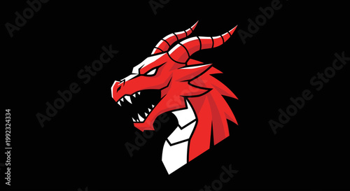 Red dragon head with horns and beard.