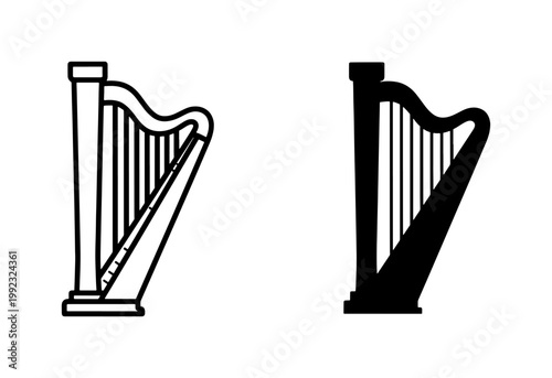 Harp icons, musical instrument symbols, black and white harp illustrations, vector graphics