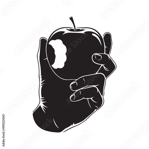 A hand in silhouette is holding a ripe red apple with a bite taken out of it against a white backdrop.