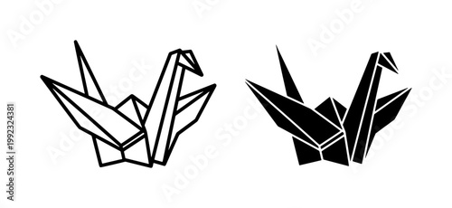 Origami cranes, black and white icons, paper folding art, minimalist designs