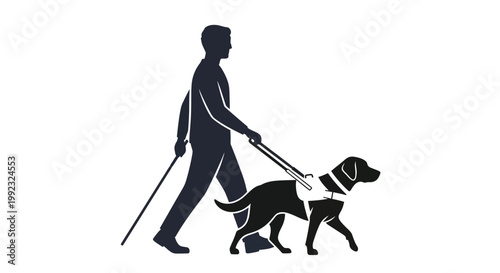 Silhouette of a blind person walking with their guide dog and cane