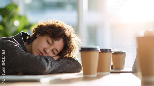 Young person napping at desk with coffee cups near window sunlight