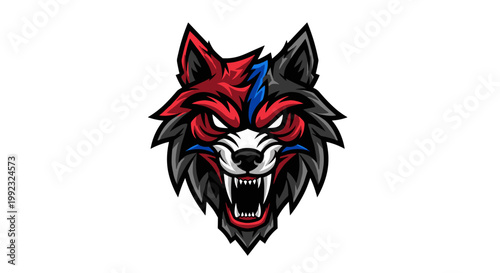 Wolf head with red eyes and sharp teeth.
