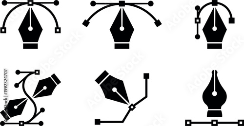 Black vector art pen nib icons with bezier curve handles for design tools