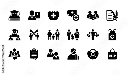 Minimal social welfare icon set community education healthcare vector isolated on white background
