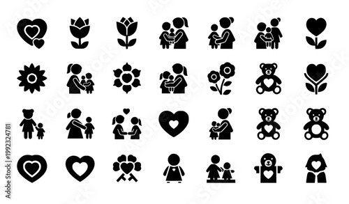 Minimal love family icon set heart mother child teddy bear vector isolated on white background