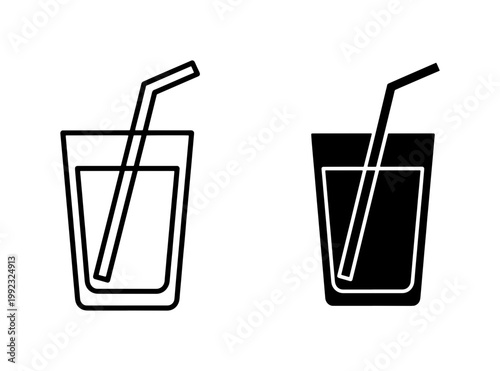 Minimalist drink glass icon set, black outline and solid silhouette beverage symbols with straw, cold juice or water glass vector illustrations