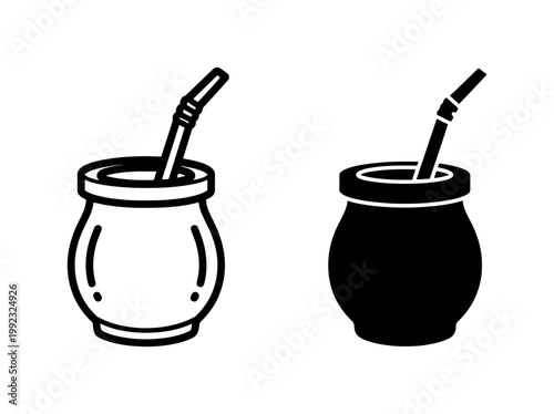 Yerba mate tea cup icons, traditional South American beverage gourd with bombilla straw, black and white minimalist vector set for menu design