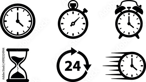 Black and white time icons clock stopwatch hourglass and fast timer vector art