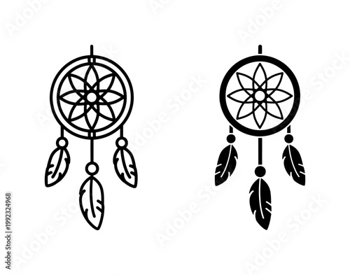 Bohemian dreamcatcher vector icons, mystical dream catcher set with feathers and floral web, black tribal ethnic symbols for spiritual design
