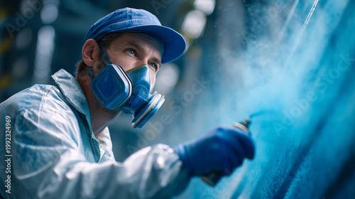 Worker spraying paint wearing respirator in industrial setting