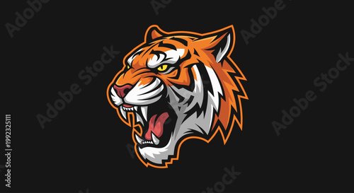 Cartoon angry tiger head closeup profile.