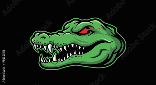 Green cartoon alligator head closeup profile.