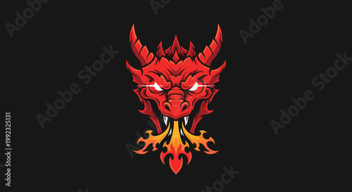 Red dragon head with horns and fire.