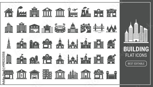 Building icon set with house, office, hospital, mall, school, farm, religious and civic structures, perfect for apps, maps, infographics, and real estate projects.