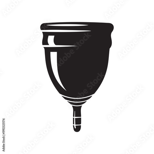 A black silhouette illustration of a menstrual cup stands upright on a clean white background, representing sustainable feminine hygiene and modern period care solutions for women.