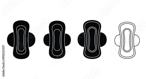Four sanitary pad designs presented in a stark black and white silhouette