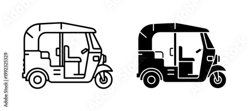 Tuk Tuk Rickshaw Line and Silhouette Icon Set