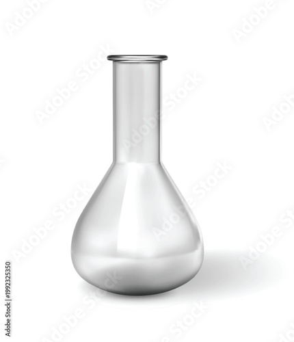 Empty, open, long-necked glass chemical flask, realistic.