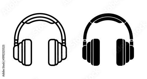 Headphones Icon Set with Outline and Solid Black Style