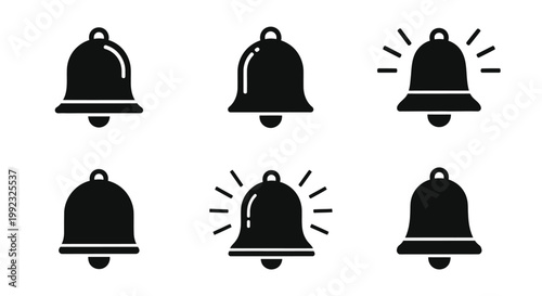A collection of black bell icons depicting ringing a bold silhouette