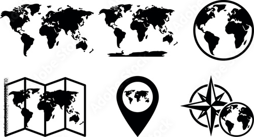 Black world map icons set with globe compass and location pin vector art