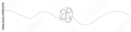 Minimalist smart watch one line drawing featuring a modern wearable device with a digital interface and wristband, rendered in a continuous line art style with a smooth flowing linear silhouette.