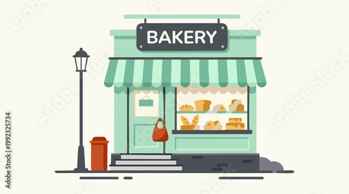 Flat Design Illustration of a Modern Bakery Storefront with Baked Goods