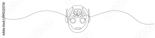 Continuous line art of a robot head with an AI brain symbol, featuring a minimalist one line drawing of a humanoid android face with headphones and a clean, smooth flowing contour stroke.