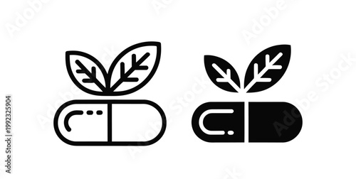 Pill icon with green leaves growing out of it vector illustration