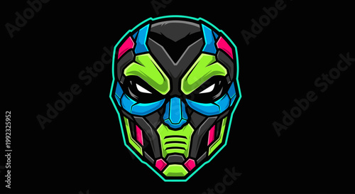 Colorful cartoon monster face closeup.