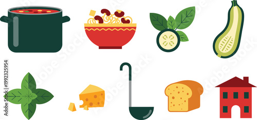 Healthy Homemade Soup and Italian Pasta Icon Set with Minestrone Pot, Zucchini, Cheese, Bread, Ladle, and Herbs for Culinary Menus and Kitchen Branding Designs