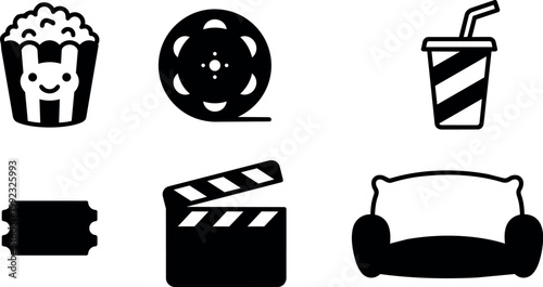 Black and white flat design movie ticket film clapper popcorn sofa and drink icons