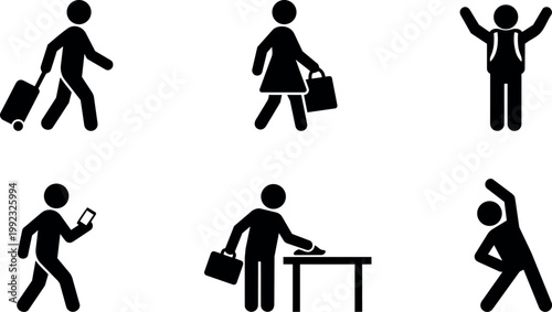 Black silhouette icons of people walking carrying bags and doing exercise
