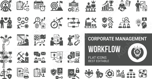 Bild auf Leinwand Corporate management workflow solid icon set featuring business optimization process, strategic organization planning, and teamwork efficiency vector symbols