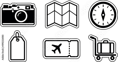 Black and white travel icons camera map compass luggage tag airplane ticket baggage cart