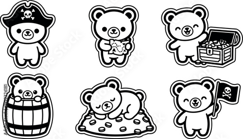 Black and white pirate bear with map treasure and flag vector art set