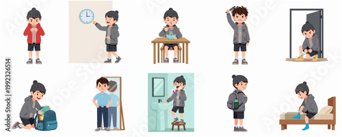Vector Character Set of a Boy's Daily Morning Routine Activities Including Eating, Brushing Teeth, Dressing, and Getting Ready for School