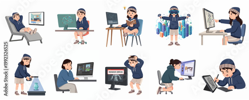 Set of 3D artist character illustrations showing various workflow stages like modeling, rendering, VR design, and digital sculpting for creative professional concepts.