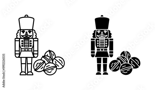 Nutcracker soldier icon set with walnuts in outline and glyph style